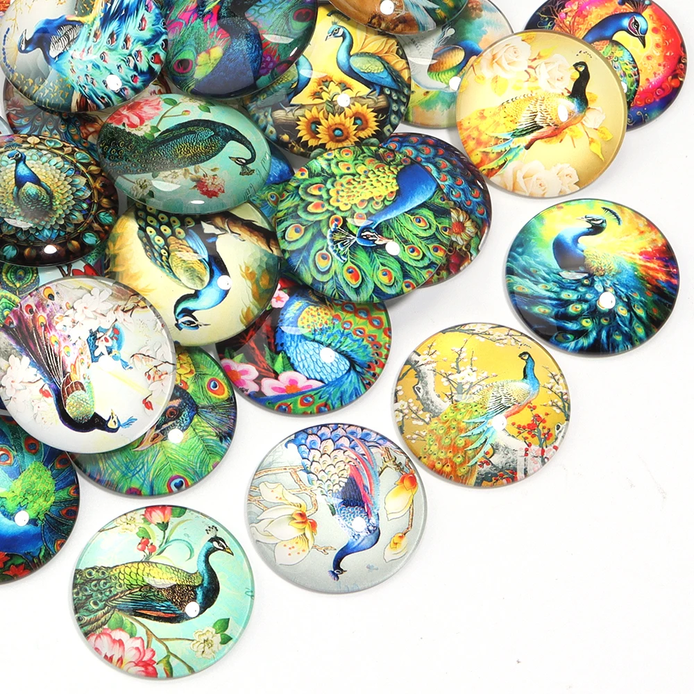 10pcs/lot Peacock Pattern Glass Cabochon Beads Round Loose Cabochon Bead DIY Jewelry Making Necklace Ring Decoration Accessories