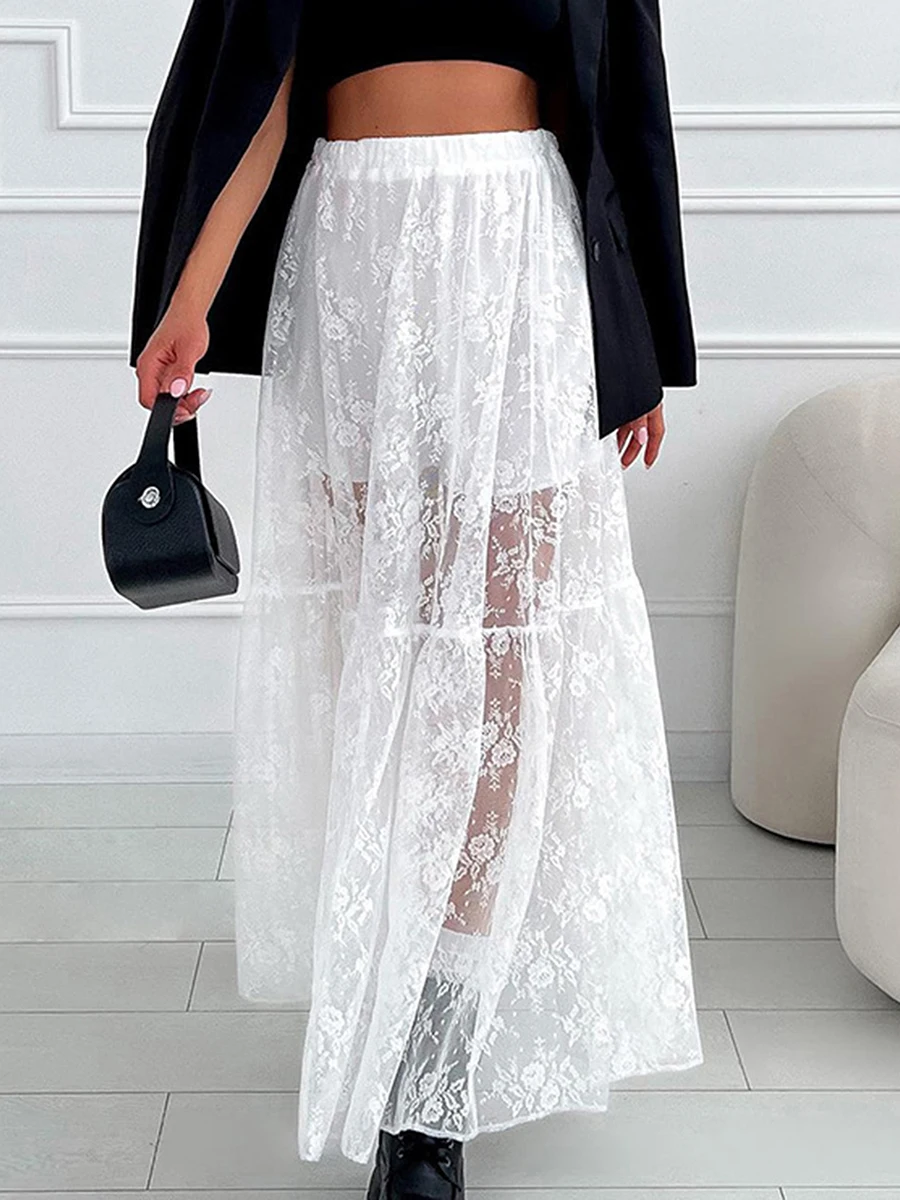 

Women See-Through Lace A-Line Skirts Elegant Casual Summer Elastic Waist Aesthetic Long Skirt for Beach Vacation Club Streetwear