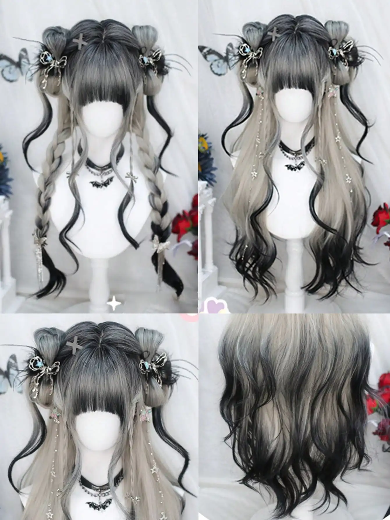 OLA Lange Körperwelle Schwarz Und Grau Ombre Cosplay Perücken Hitzebeständige Synthetische Perücken Pony Natürliche Lolita Perücken Für Frauen Halloween