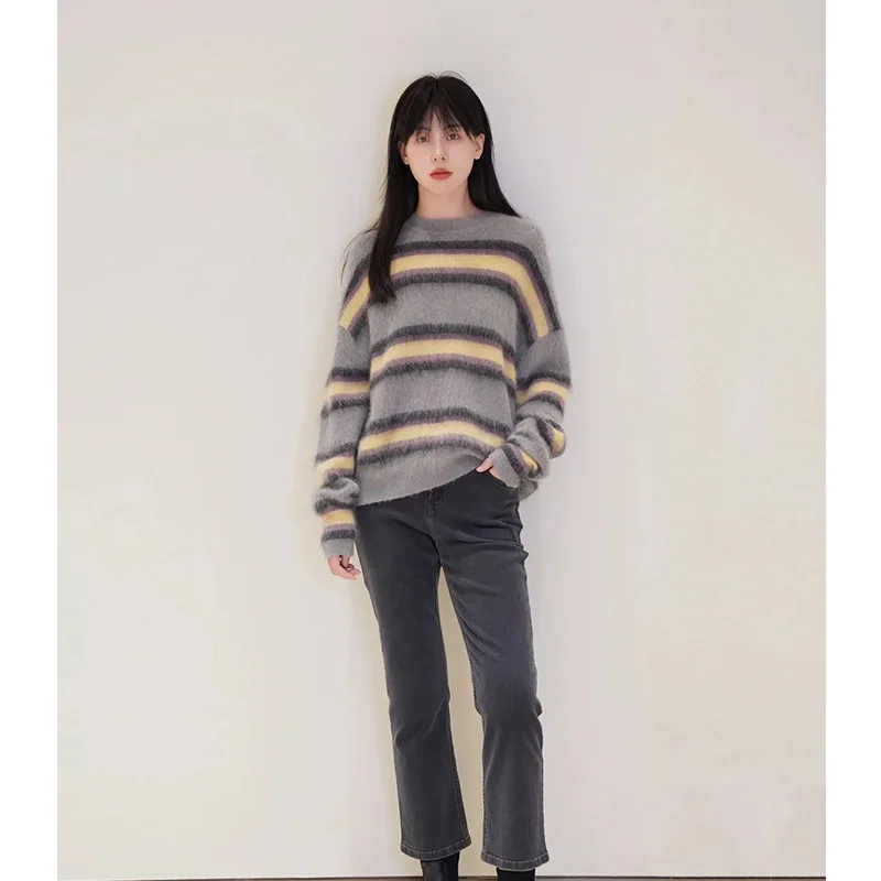 Autumn and Winter New Mohair Blended Mohair Loose Pullover Striped Sweater for Women