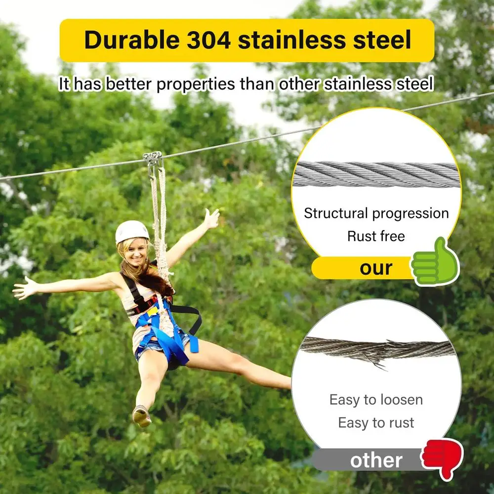 1/4 Stainless Steel Cable 100ft Wire Rope 7X19 Strands Aircraft Cable 6400lbs Breaking Strength Zip Line Heavy Duty Elevate Your