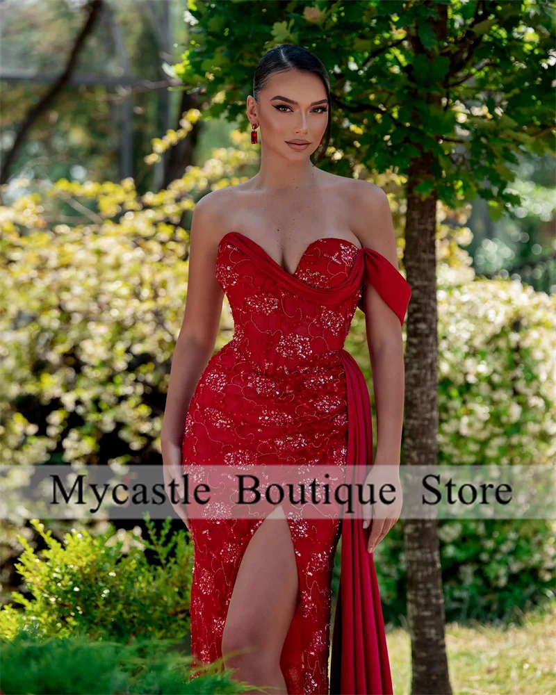 تخصيص الأحمر مطرز الرباط الحبيب الرقبة حورية البحر فساتين السهرة الجانب السامية سبليت كريستال فساتين السهرة vestidos de noiva