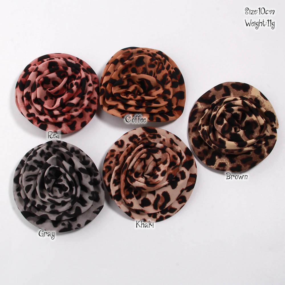 10cm Leopard Print Chiffon Stereoscopic Roses Flower Corsage Flower DIY Handmade Wedding Badge for Hairpin Hair Accessories