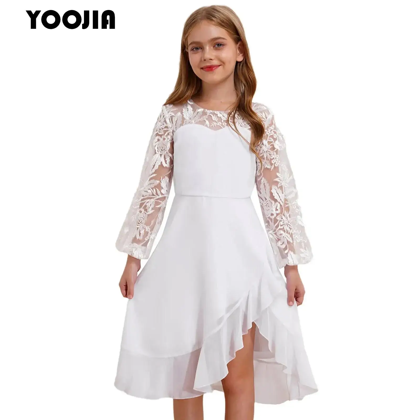 

Girls Dress with Embroidery Mesh Puff Long Sleeve A-line Short Dress for Flower Princess Pageant Wedding Party Formal Dress