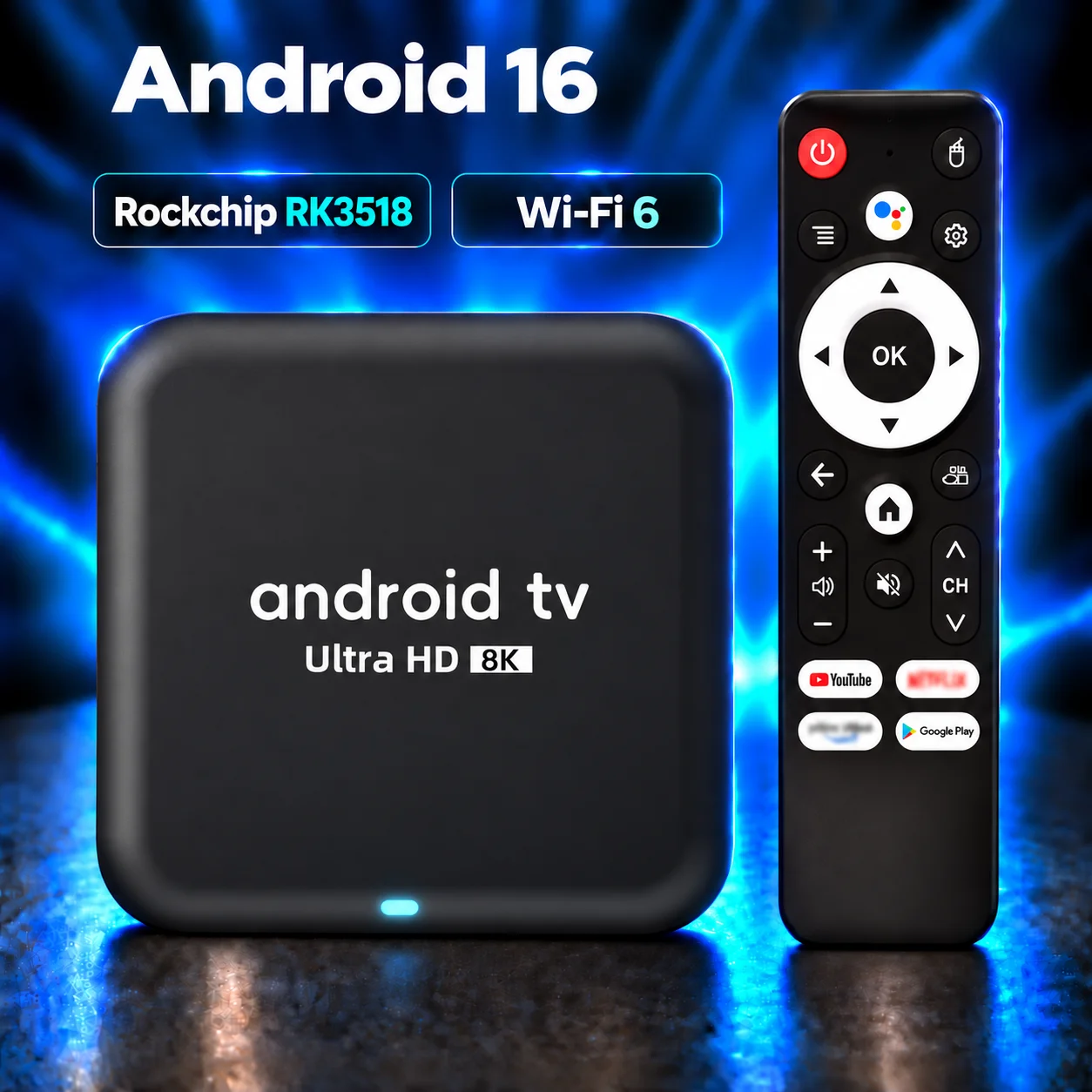 256GB Smart TV Box Android 16 Rockchip RK3518 2.4G&5G Wifi6 BT5.0 HDR10+ Google Voice Assistant YouTube Media Player Set Top Box
