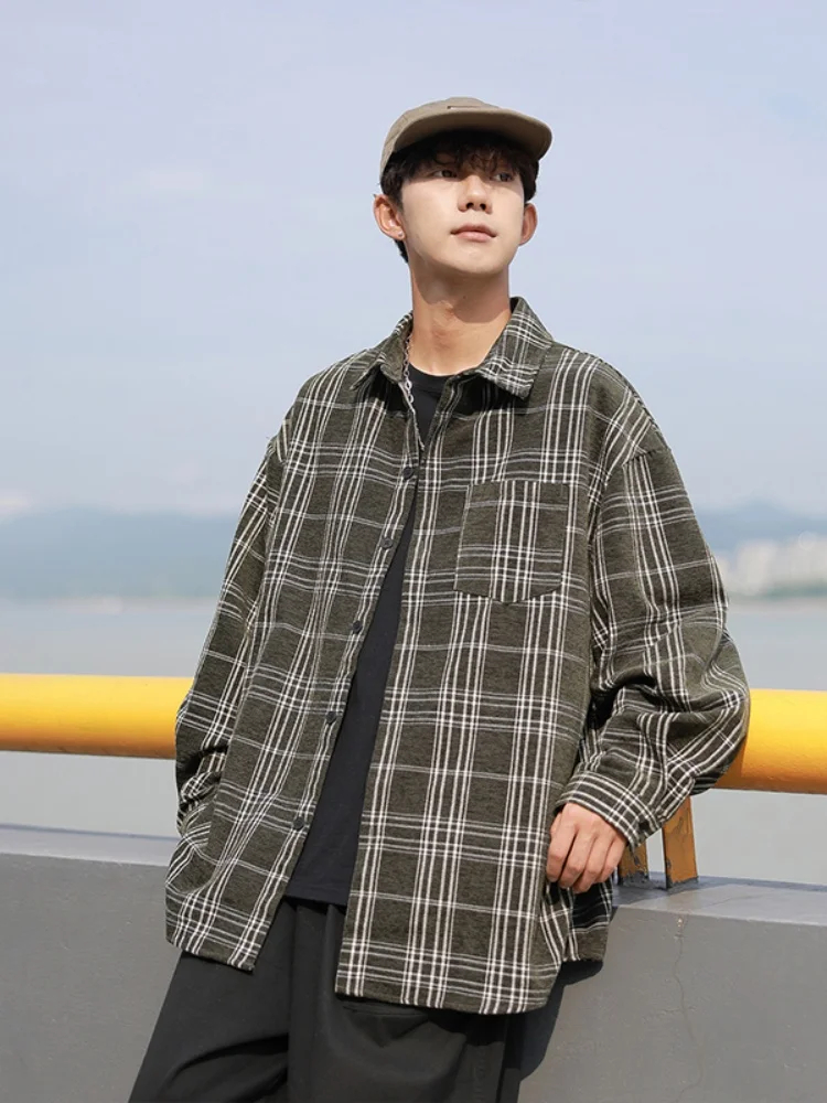 

Мужская рубашка в клетку в стиле преппи с длинным рукавом, американское ретро, весна-осень, верхняя одежда, свободный крой, на пуговицах