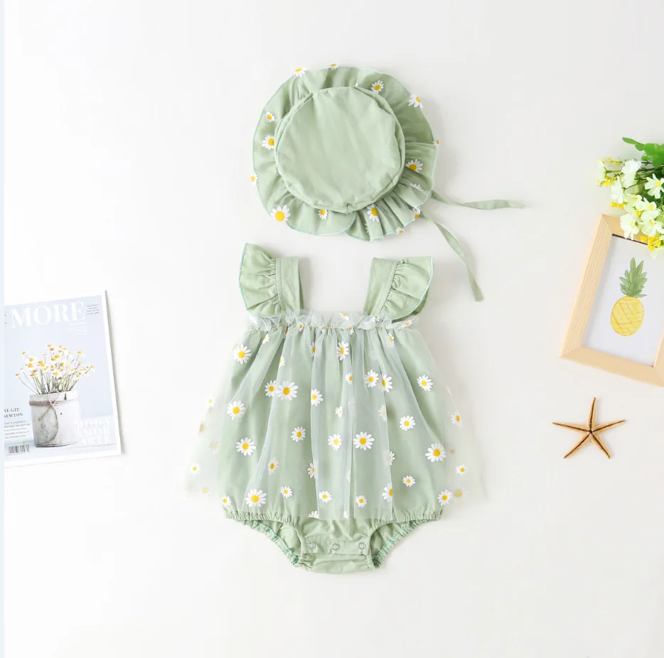 Baby Romper Summer Thin Daisy Tulle Dress With Hat Printed Newborn 100 Days 1st Birthday Outfit Outdoor Sweet Daily Casual Wear