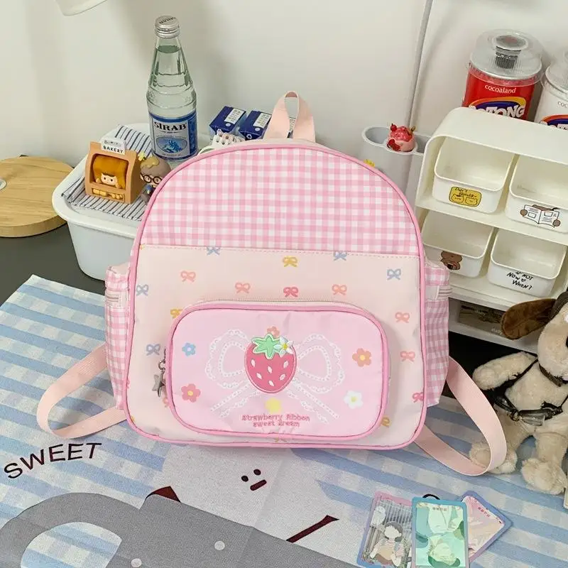 Cute Strawberry  Knot Print  Backpack Casual Travel Shoulder Bag Checks Pattern Double Sided Canvas Backpack