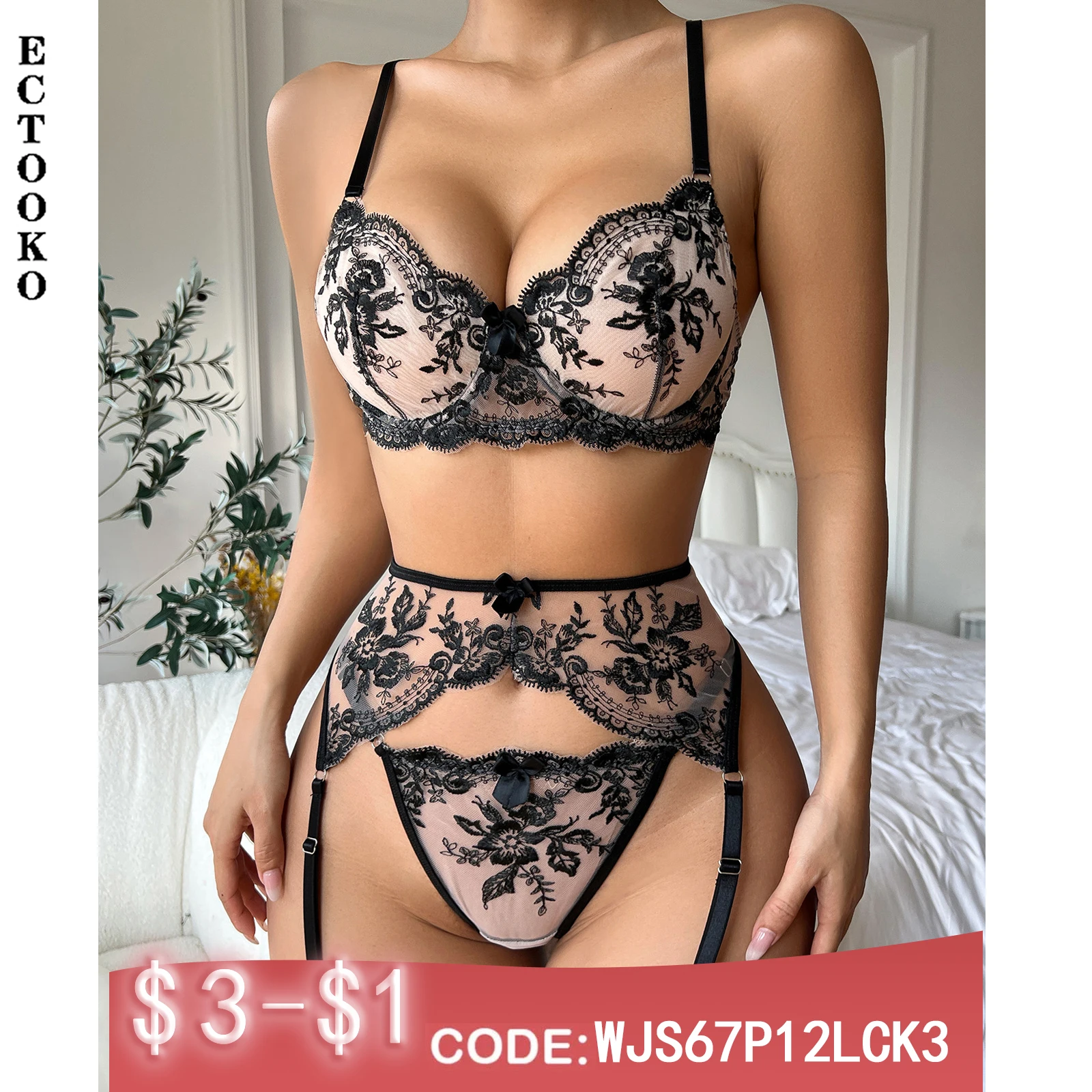 

ECTOOKO 2023 New Erotic Lingerie Female Sexy Embroidered Lace Three Points with Hollow Temptation Set