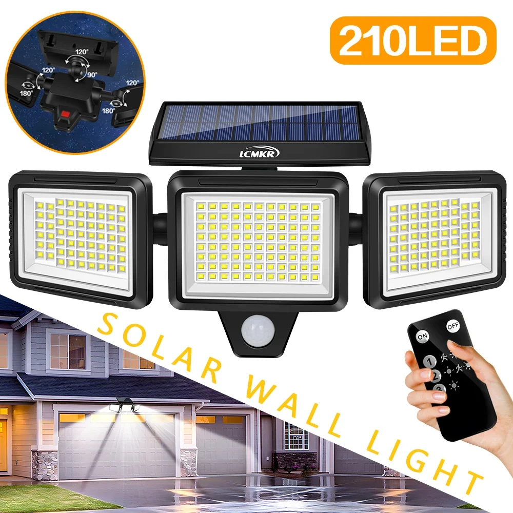 

210LED Solar Wall Lamp 3-Head Rotatable Solar Light with Remote Control IPX4 Waterproof Outdoor withStreet Lights,Motion Sensor