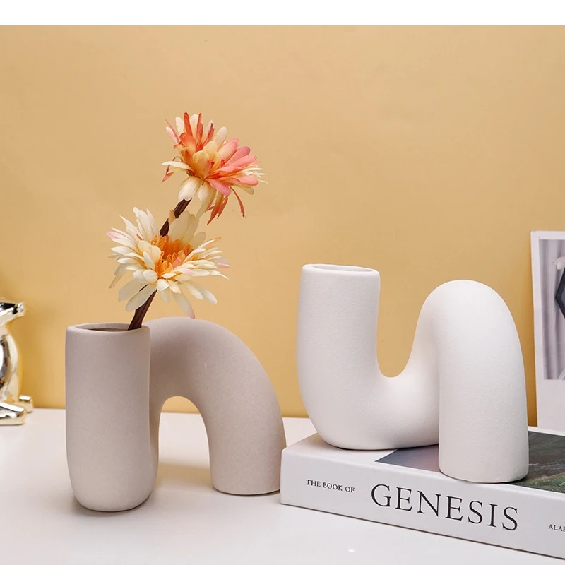 Ceramic Vase Curved Pipe Flower Arrangement Geometry Abstract Craft Ornaments Flowerpot Home Decoration Accessories