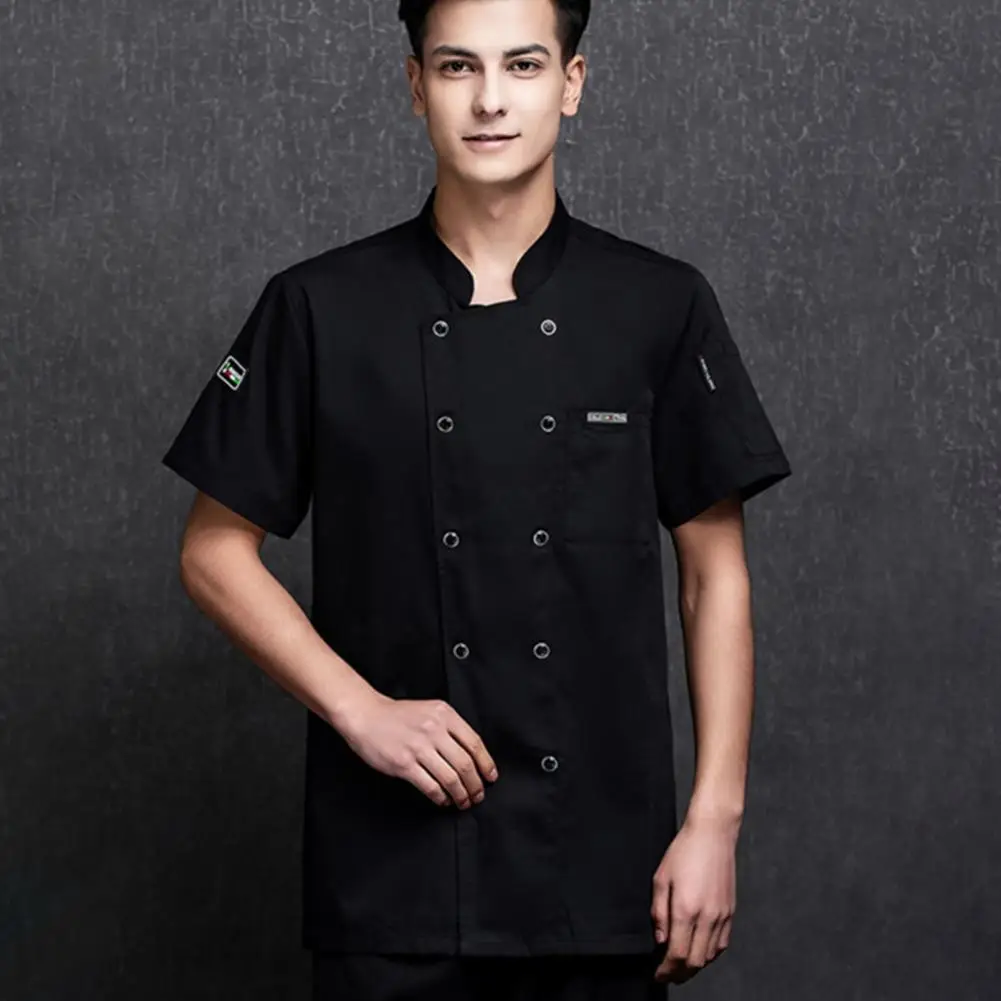 Chef Top camicia da cuoco tinta unita camicia da cuoco doppiopetto traspirante con tasca sul petto con colletto alla coreana morbido per ristorante