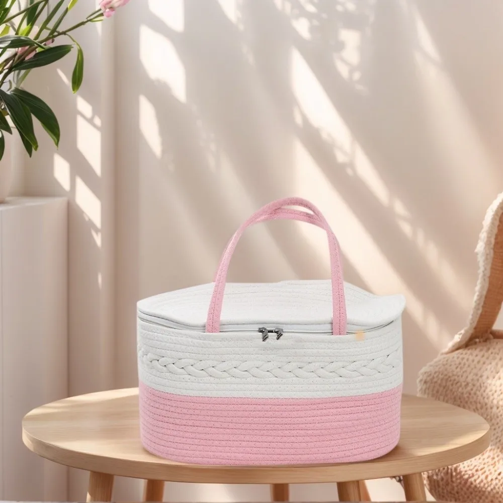 

Cotton Thread Rope Mummy Handbag Large Capacity Divided Into Compartments Diaper Storage Basket for Diaper/Toy Storage Tote Bag