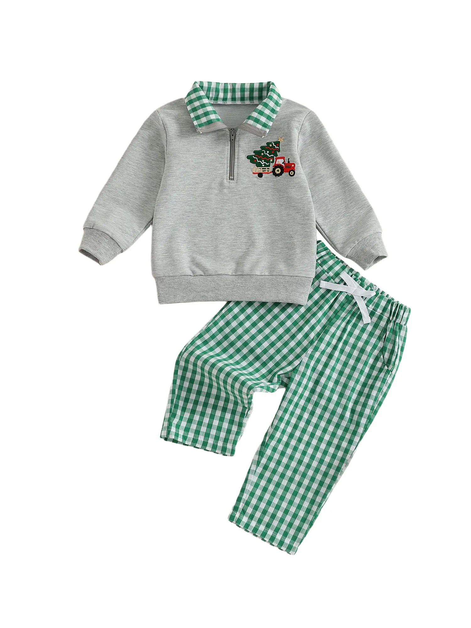 FOCUSNORM 0-4Y Casual Baby Jungen Weihnachten Kleidung Sets Weihnachten Baum Stickerei Langarm Revers Zip Pullover Tops + Plaid Hosen – Detail 1
