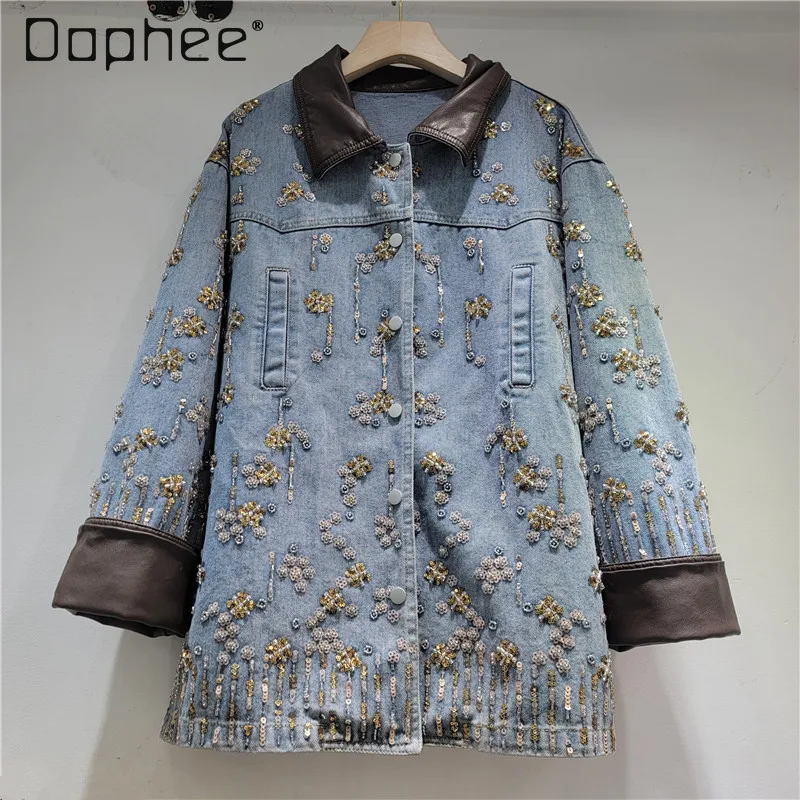 

2026 Spring New Heavy Embroidery Beaded Denim Jackets for Women Trendy Casual Loose Pu Leather Lapel Oversized Sequin Jacket