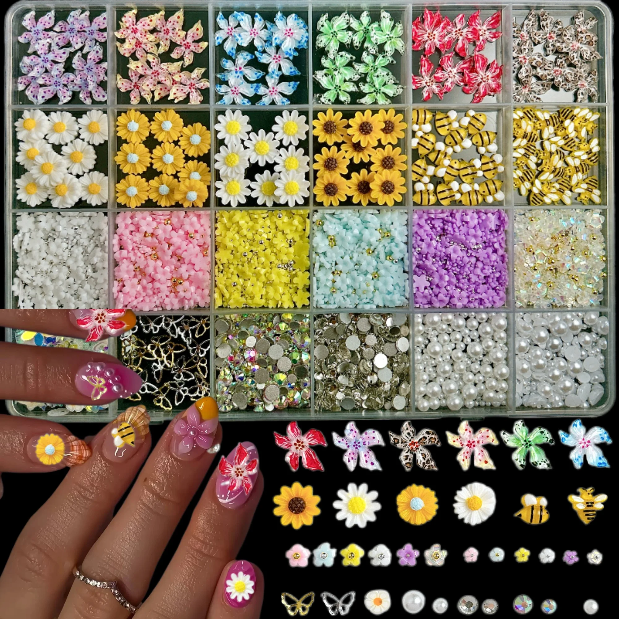 

1Box Gradient Colorful Spotted Flowers Resin Nail Charms Mini Butterfly Vitality Orange Sunflower Bee Nail Art Decorations DIY