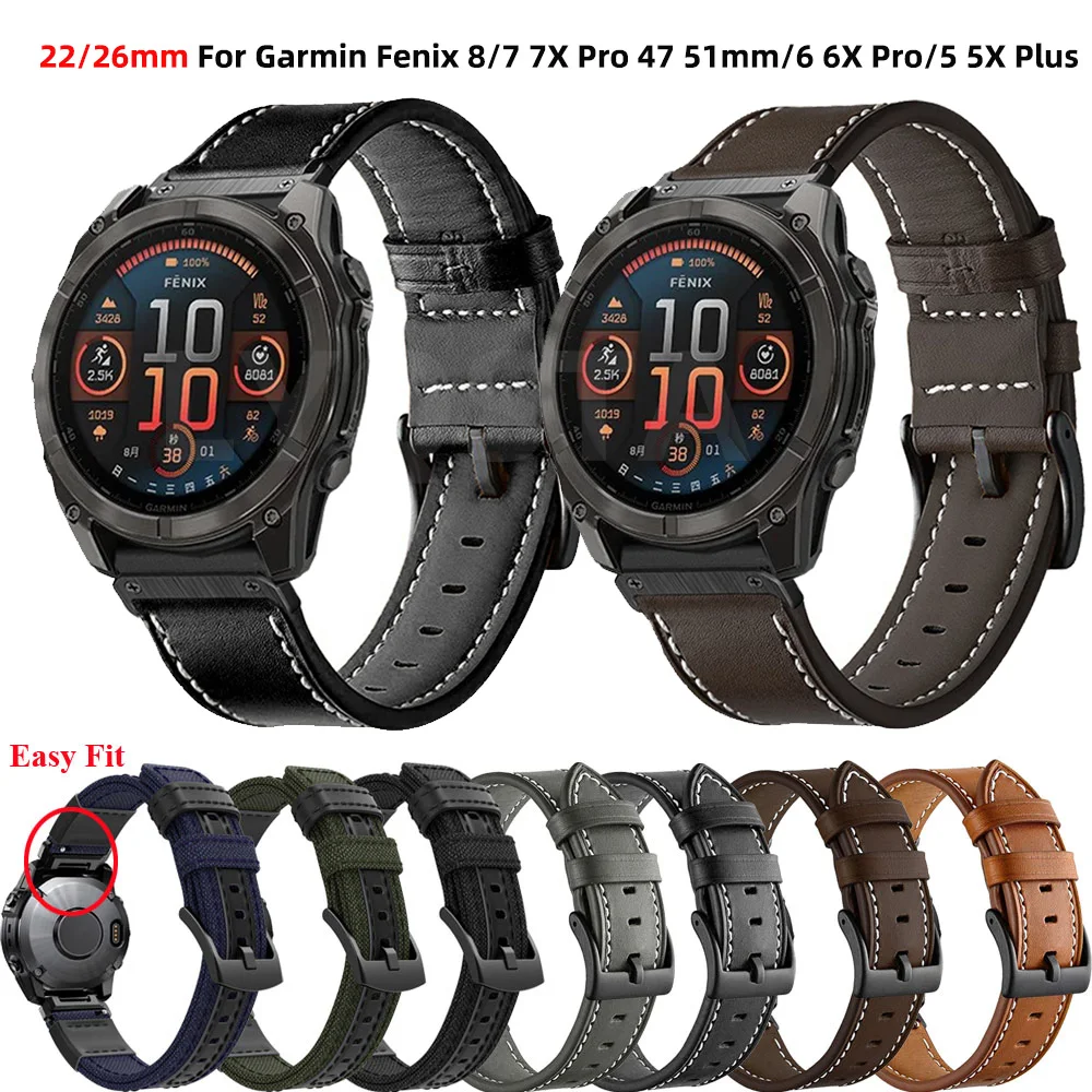 

22mm 26mm Quickfit Leather Strap For Garmin Fenix 8 E 47mm 51mm 7 7X Pro 6 6X Pro 5X 5 Plus 3 HR Enduro 3 2 Wristband Bracelet