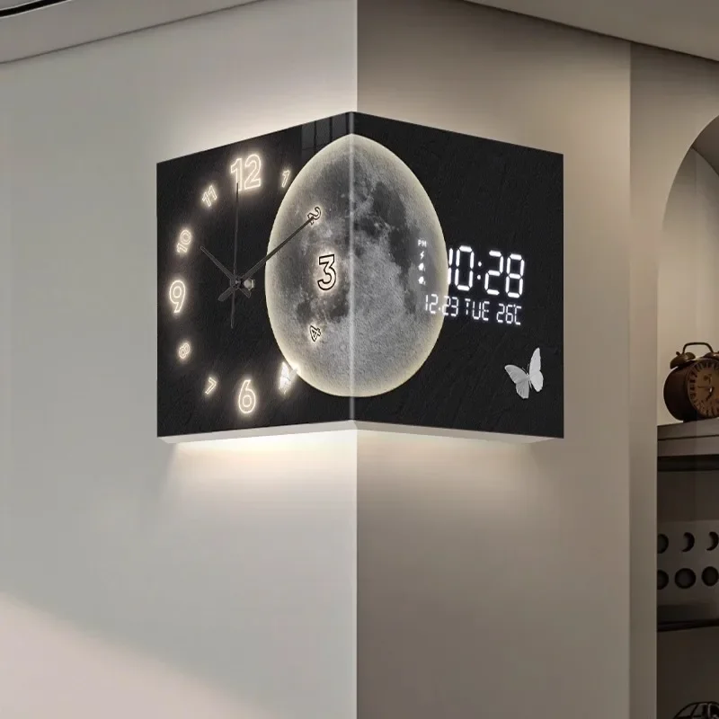 Living room corner clock, creative luminous wall clock, double-sided corner clock, perpetual calendar electronic clock