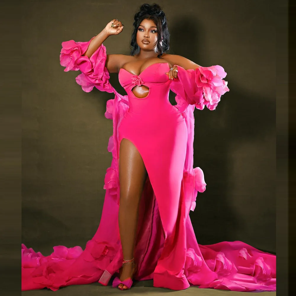 

Коктейльные платья цвета фуксии, милое многоуровневое вечернее платье с высоким разрезом и аппликацией на плечах, черные платья для выпускного вечера Aso Ebi для девочек