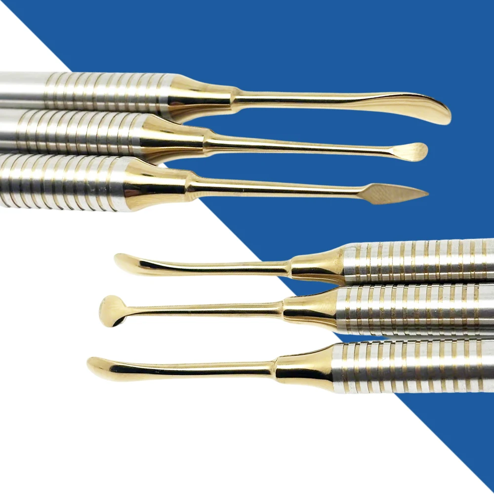 

Набор инструментов для разделения и отведения десны при имплантации зубов: периостальный элеватор, разделитель, титановый хирургический инструмент