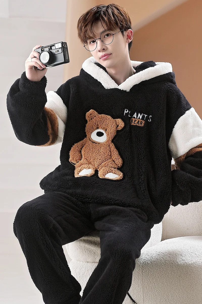 2024 Men\'s Sleepwear For Sleeping Male Winter Coral Plush Boy Pijamas Thicken Plush Loungewear Cartoon Student Warm Homewear Set