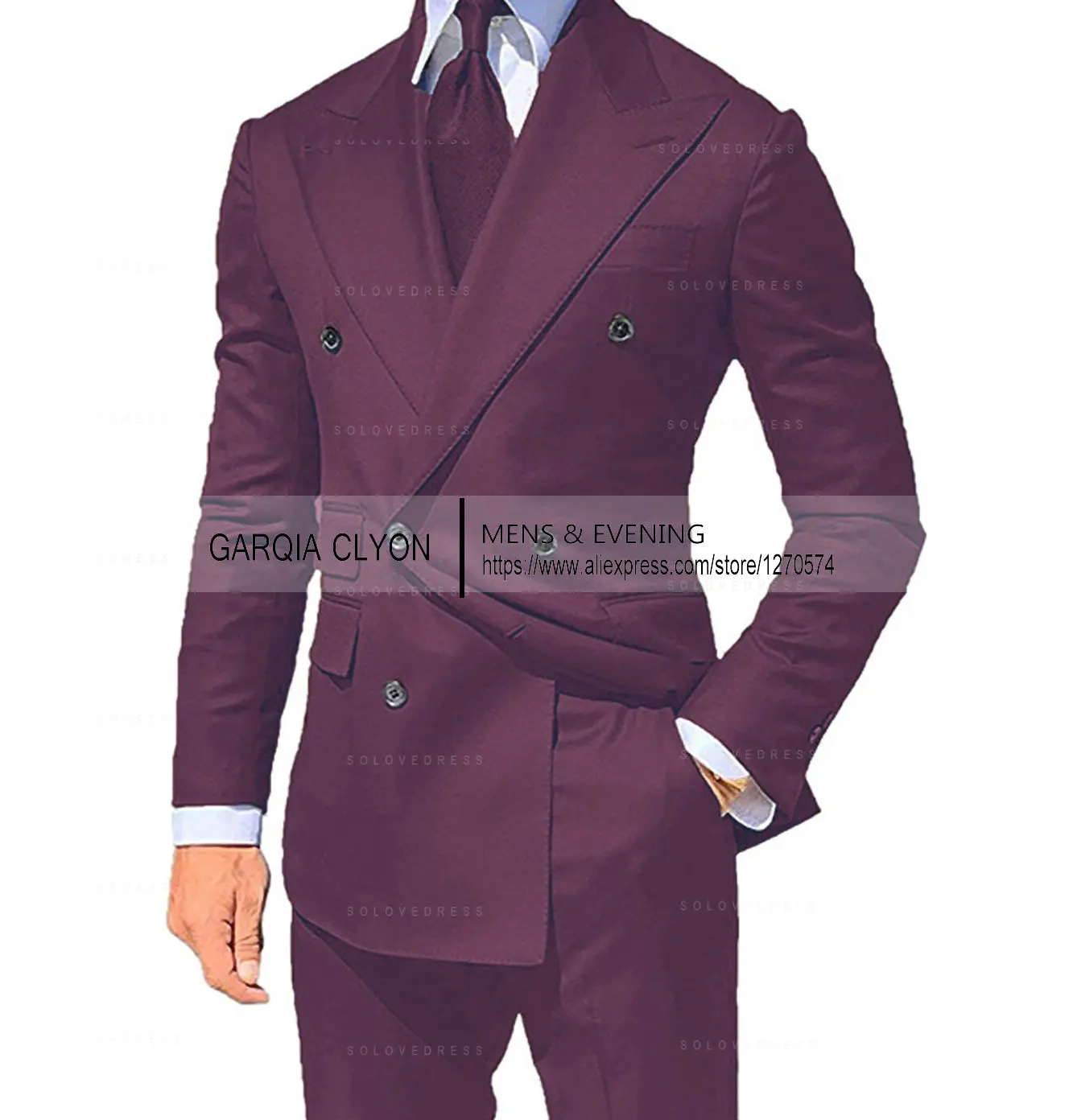 Navy Blue Mans’ Suits Double Breasted Jacket Pants Set Costume Homme Formal Slim Fit Tuxedo Groom 2-Piece Wedding Peaked Lapel