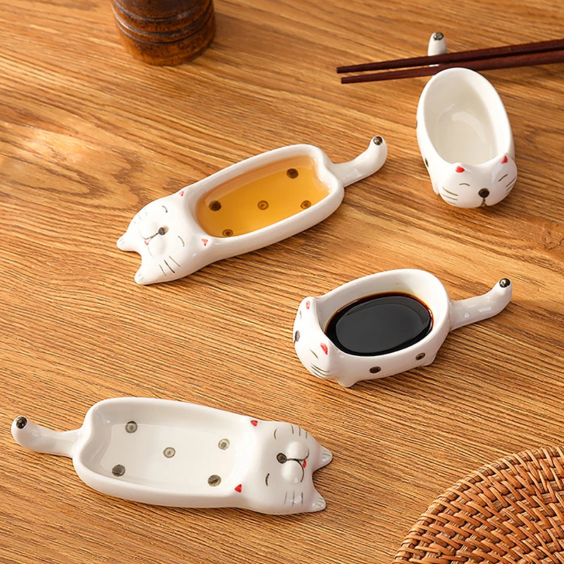 Cute Cat Ceramic Small Dish Mini Mustard Pesto Tomato Ketchup Soy Sauce Dish Seasoning Plates With Handle For Home Restaurant