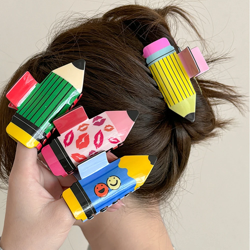 Cute Pencil Shaped Hair Claw Fun Cartoon Acrylic Jaw Clip Large Hair Clip for Thick Hair Playful School Aesthetic Hair Accessory
