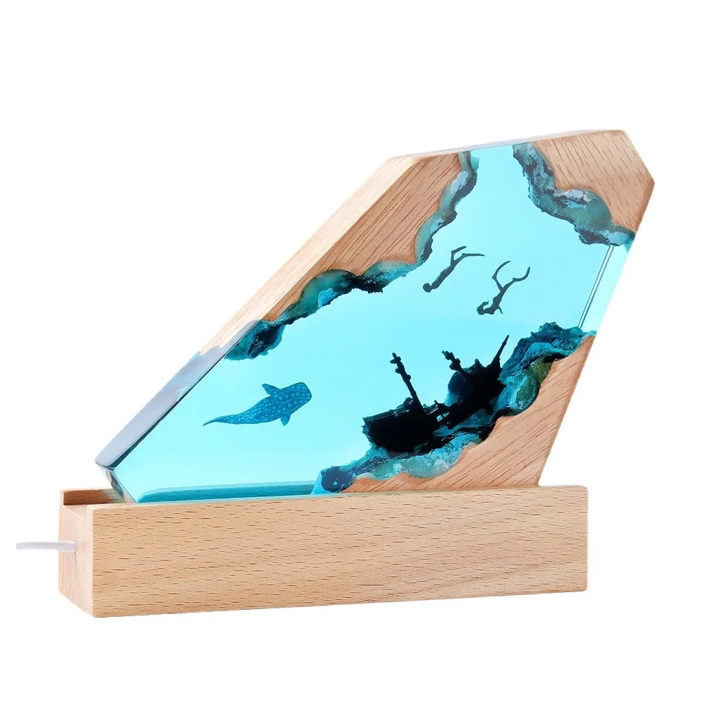 Ocean Micro Landscape Resin Night Light Handmade Epoxy Wood Base Craft Holiday Gift for Friends Home Decor