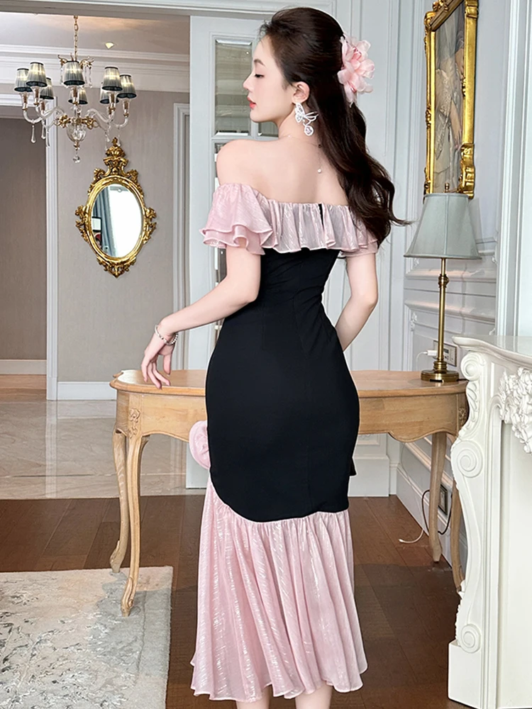 여성 의류 달콤한 프릴 섹시한 오프 숄더 슬림 Fishtail 롱 드레스 우아한 저녁 파티 댄스 파티 드레스 가운 캐주얼 여름 새로운