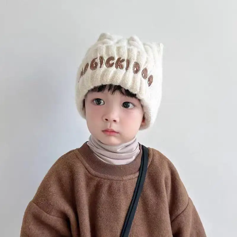 Toddler Kids Adorable Fluffy Cat Ear Knitted Beanie Hat Windproof Warm Winter Headwear for Ski Trips