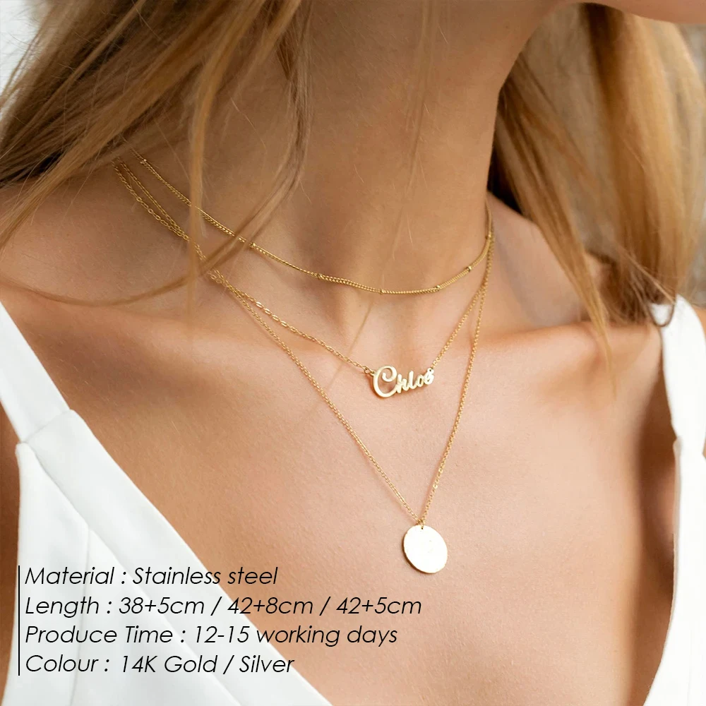 eManco Customized Name Accessories Women's Layered Necklace New Stainless Steel Round Pendant Fashion Chic Gifts Wholesale