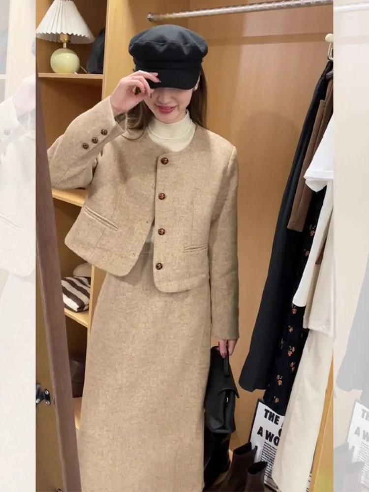 UNXX WFall/Winter French Style Cropped Tweed Long Sleeved Blazer + Half Skirt Set Vintage Casual Crewneck Jacket Dwuczęściowe zestawy