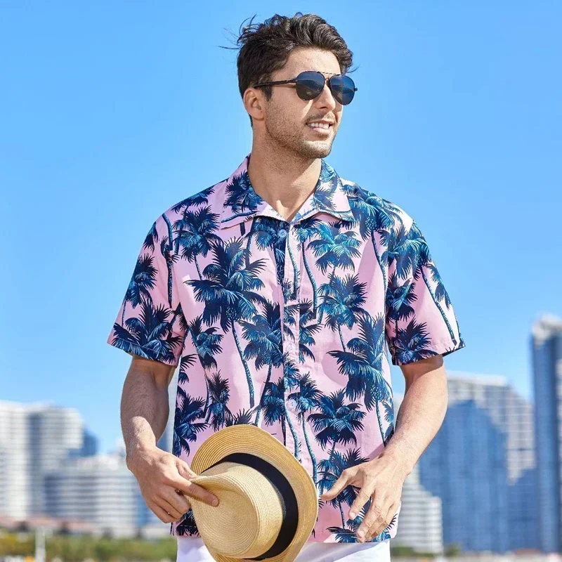 

Hawaiian men's breathable shirt, button up short sleeved shirt, coconut tree print, holiday, large 3XL, 4XL, 5XL, summer