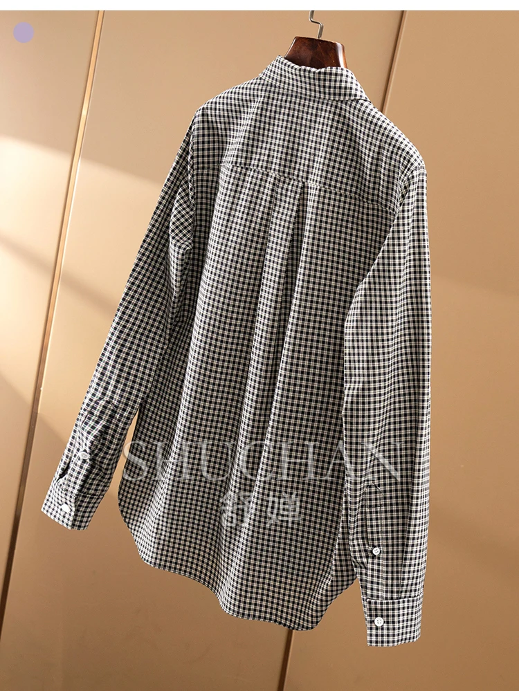 Intellectually fashionable early autumn commuting 100 cotton yarn-dyed plaid long-sleeved shirt  women 3Y19