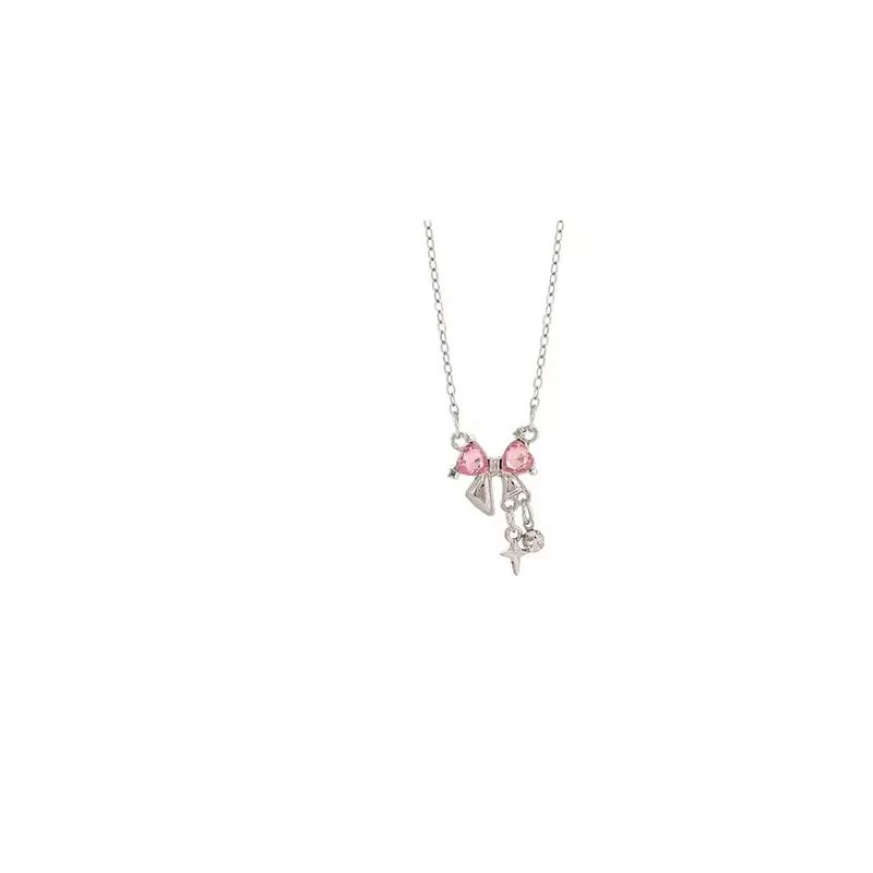 Collier à nœud rose doux pour femmes, pendentif en forme d'étoile en strass scintillant, chaîne de clavicule, accessoires de mariage délicats