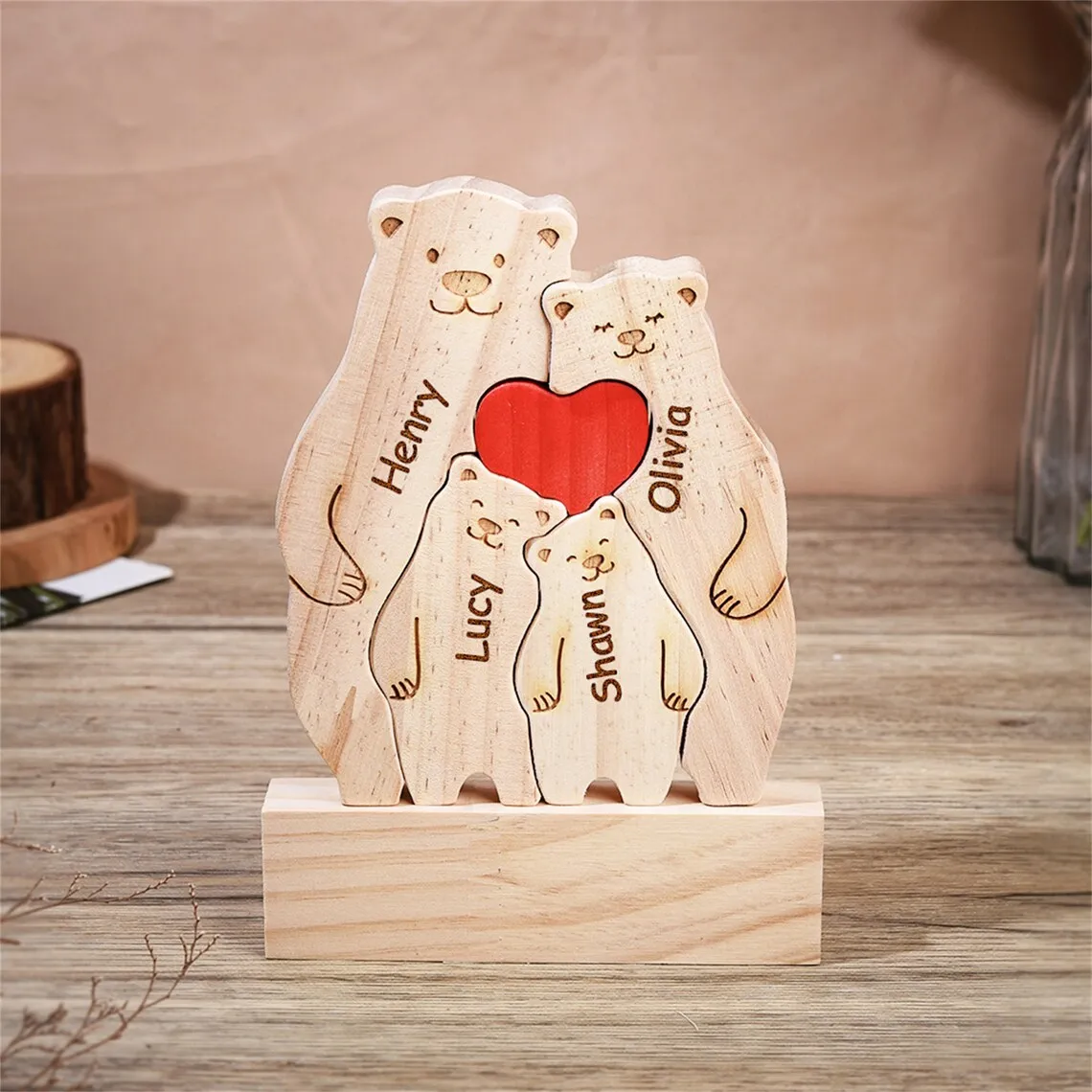 Free Engraving Bear Family Wooden Puzzle Personalized Custom Name for Birthday Gift Family Name Sculpture Home Desk Decor