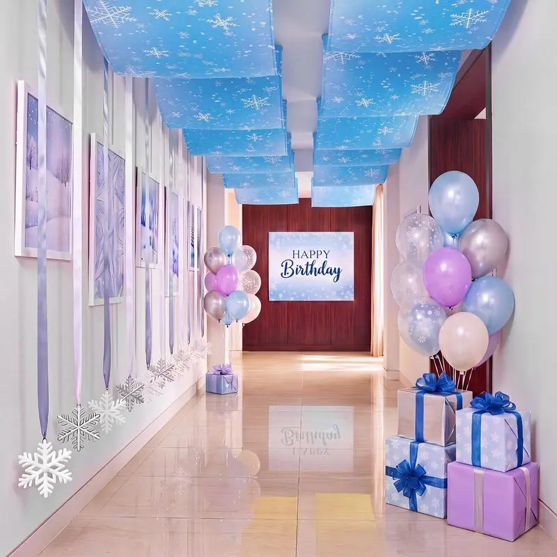VIKAMA Ice Blue Party Ceiling Curtain, Snowflake Print Hanging Strip for Winter Frozen Wonderland Kids Birthday Decor