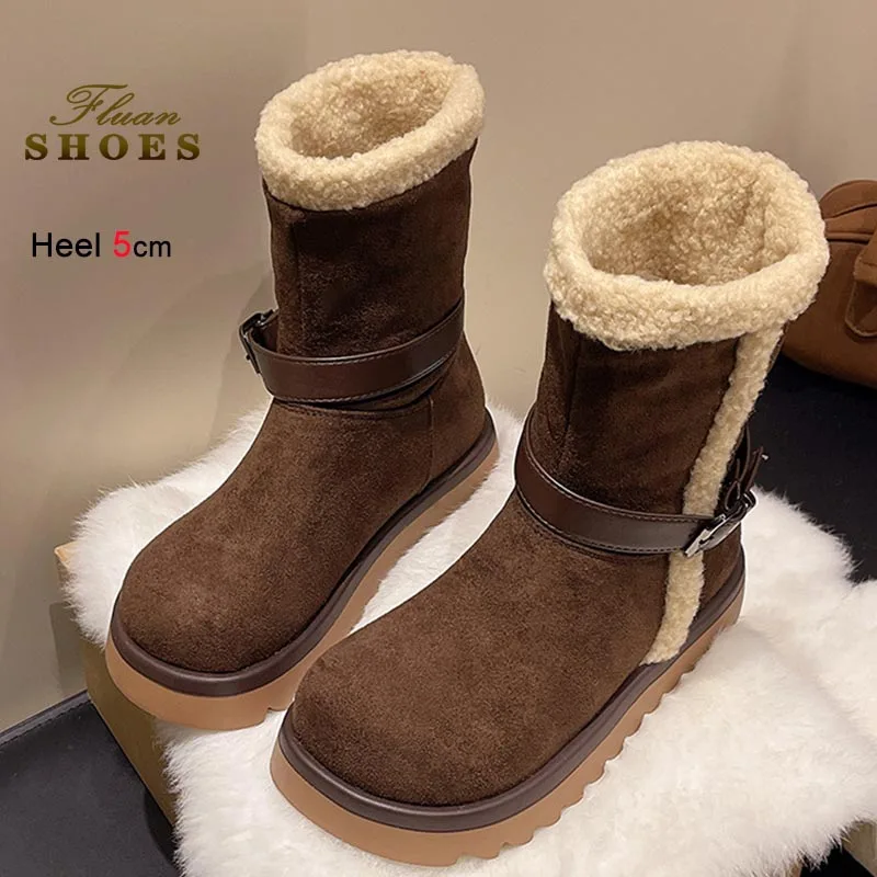 

Fashion Snow Boots Women Winter Warm Cotton Shoes Casual Non-slipping Sole Short Boots Leather Buckle Thick Soled Mid-calf Boots