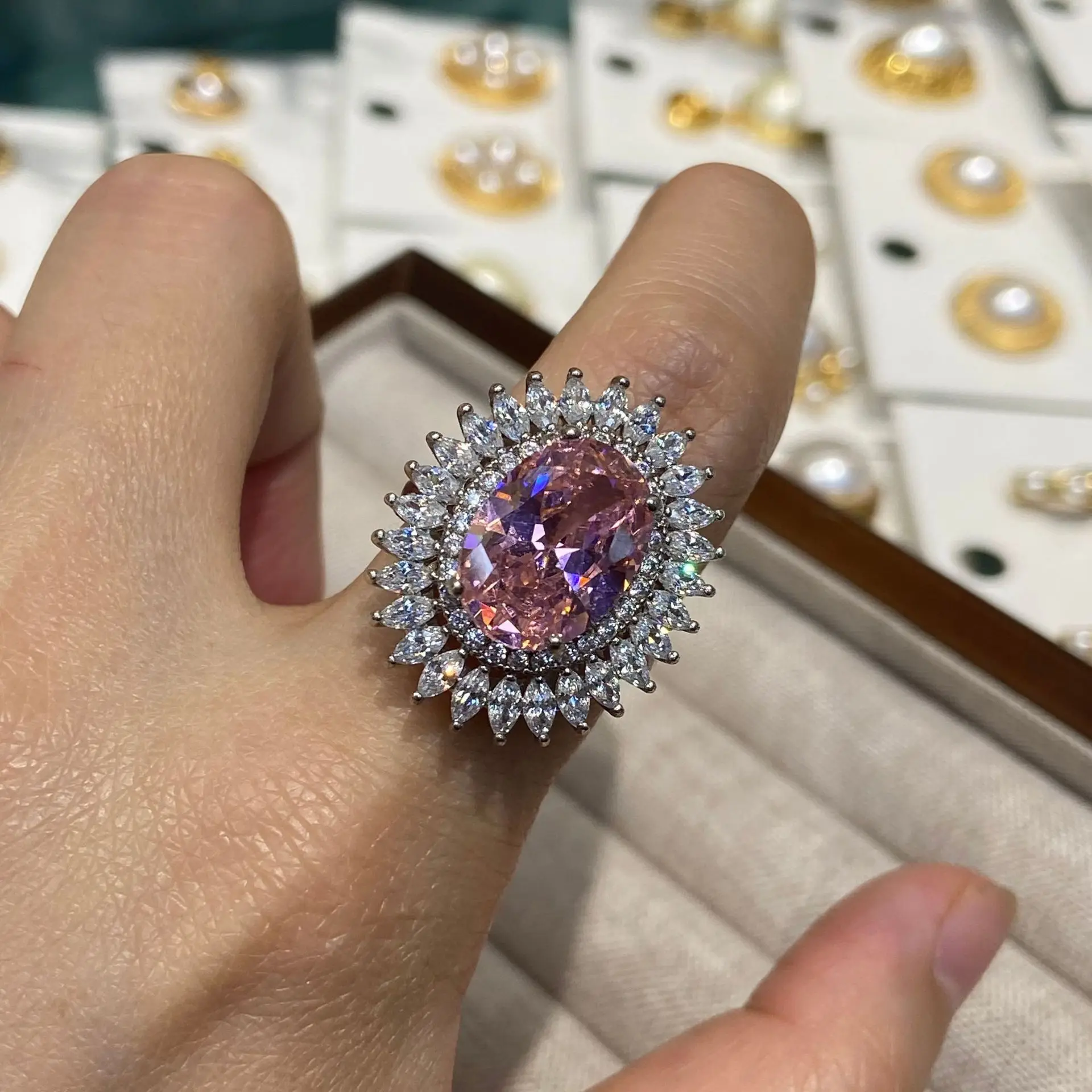 shiny zircnoia pink ring for women jewelry oval shape opening ring dinner party office lady daily wear