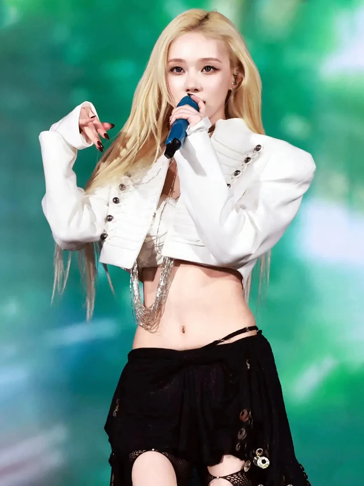 Kliou Sexy Fashion Crop Coats Woman Open Collar Double-Breasted Decoration Full Sleeve Navel Exposed Music Festival Style Jacket