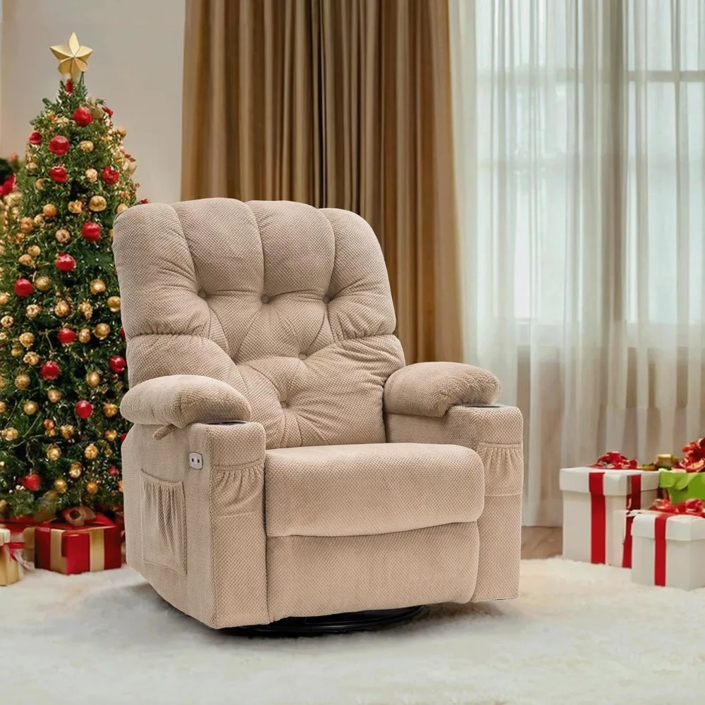 Beige massage chair Electric Power Swivel Glider Rocker Recliner Chair with Cup Holders,Hand Remote Control,2 Side Front Pockets