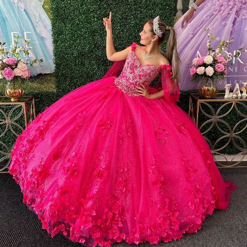 Lorencia-vestido De quinceañera rosa roja para niñas, apliques De flores 3D, cuentas con capa, corsé mexicano, dulce 16 Vestidos De Fiesta YQD545