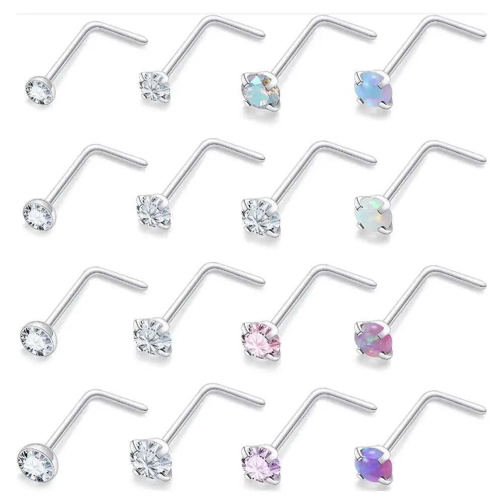 1/16Pcs Set 316L Surgical Stainless Steel L Shaped Corkscrew Straight Opal Diamond CZ Nose Rings Studs Nostril Piercing Jewelry