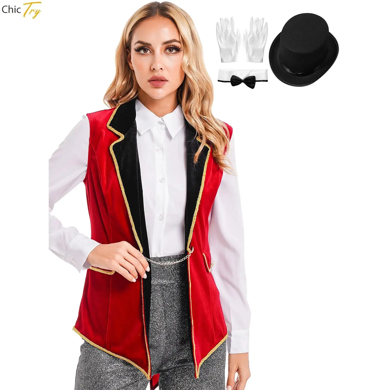 

Womens Circus Ringmaster Costume Lapel Sleeveless Velvet Tailcoat with Hat Bow Collar Gloves for Halloween Magic Shows Carnivals