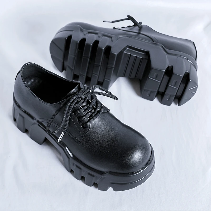 

Men Bulldozer Sole Platform Shoes Tractor Tread Gear Pattern Chunky Height Increasing Industrial Boots