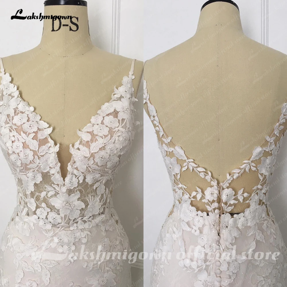 Lakshmigown Boho Spitzen-Meerjungfrauen-Brautkleider Hochzeitskleider aus Krepp-Satin Sexy Strand-Brautkleider mit Spitzenapplikationen – Detail 7