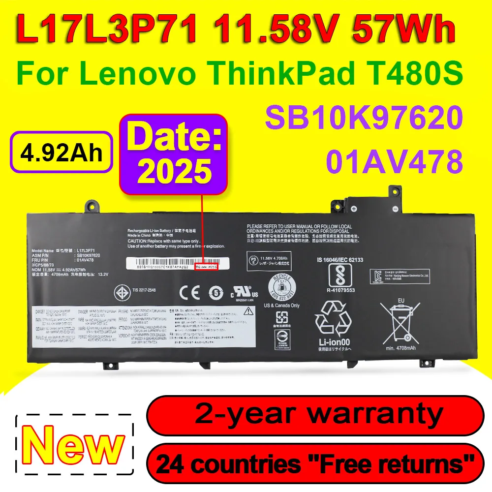 

11,58 В 57 Втч 4,92 Ач L17L3P71 01AV478 Аккумулятор для ноутбука Lenovo ThinkPad T480S 01AV479 01AV480 L17M3P71 SB10K97620 SB10K97621