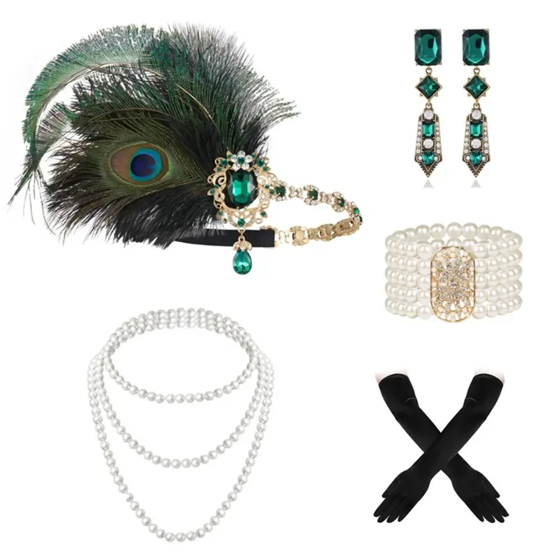 1920s Gatsby Accessories Set for Women Flapper Headband 20s Headpiece Necklace Gloves(ce)