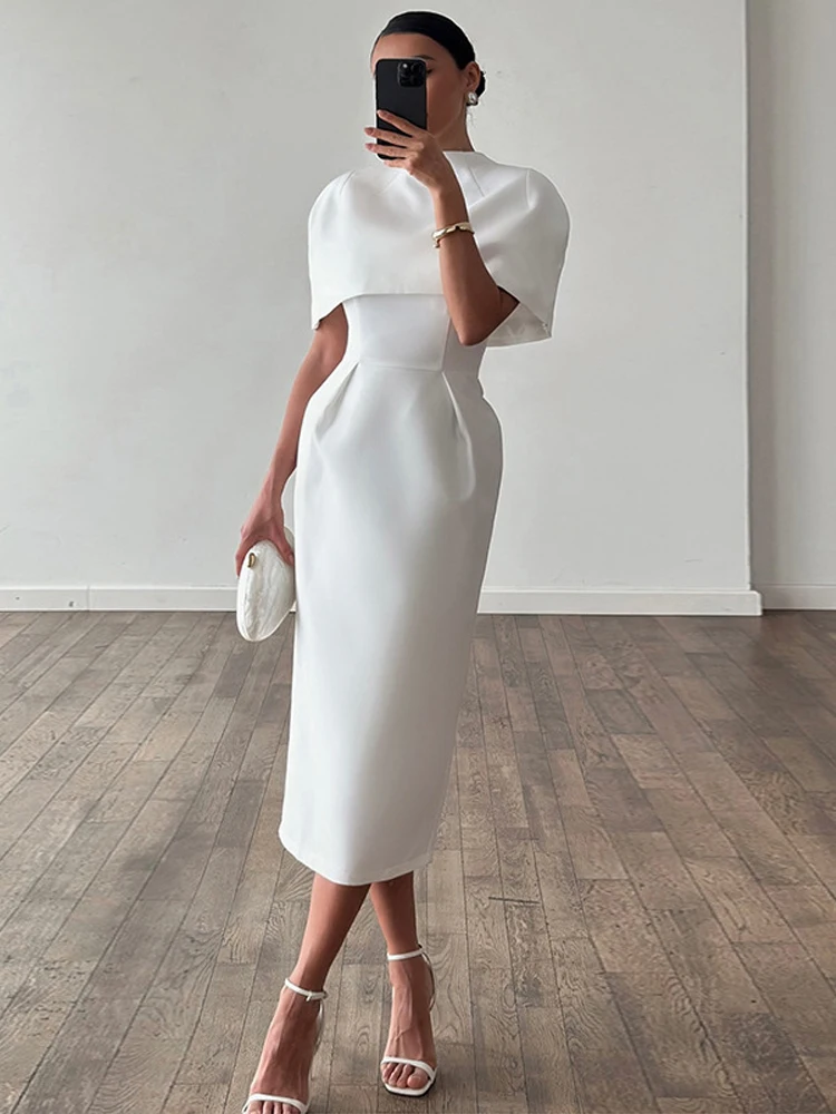 2026 Summer Autumn Elegant Solid Shawl Dress Women's Suit Short Sleeve Waist-Closed Slim Lady Set Fashion Women Outfits New
